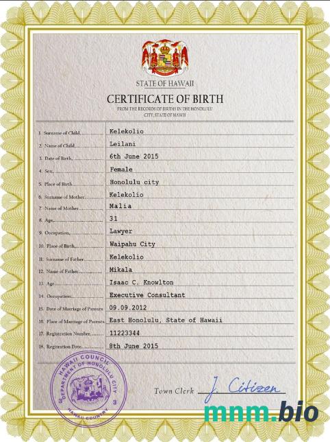 Hawaii narodziny certyfikat PSD szablon